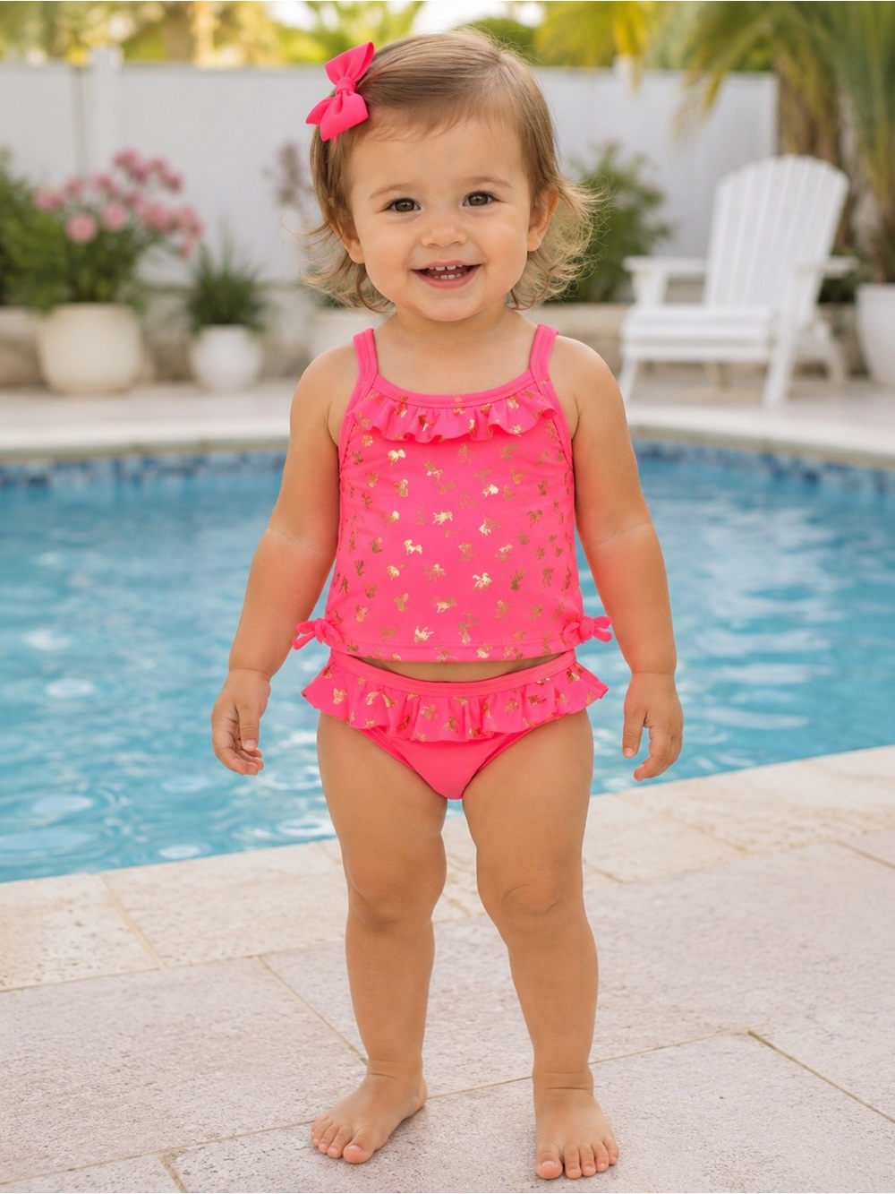 Girls Hot Pink Ruffle Two-Piece Swimsuit with Gold Print